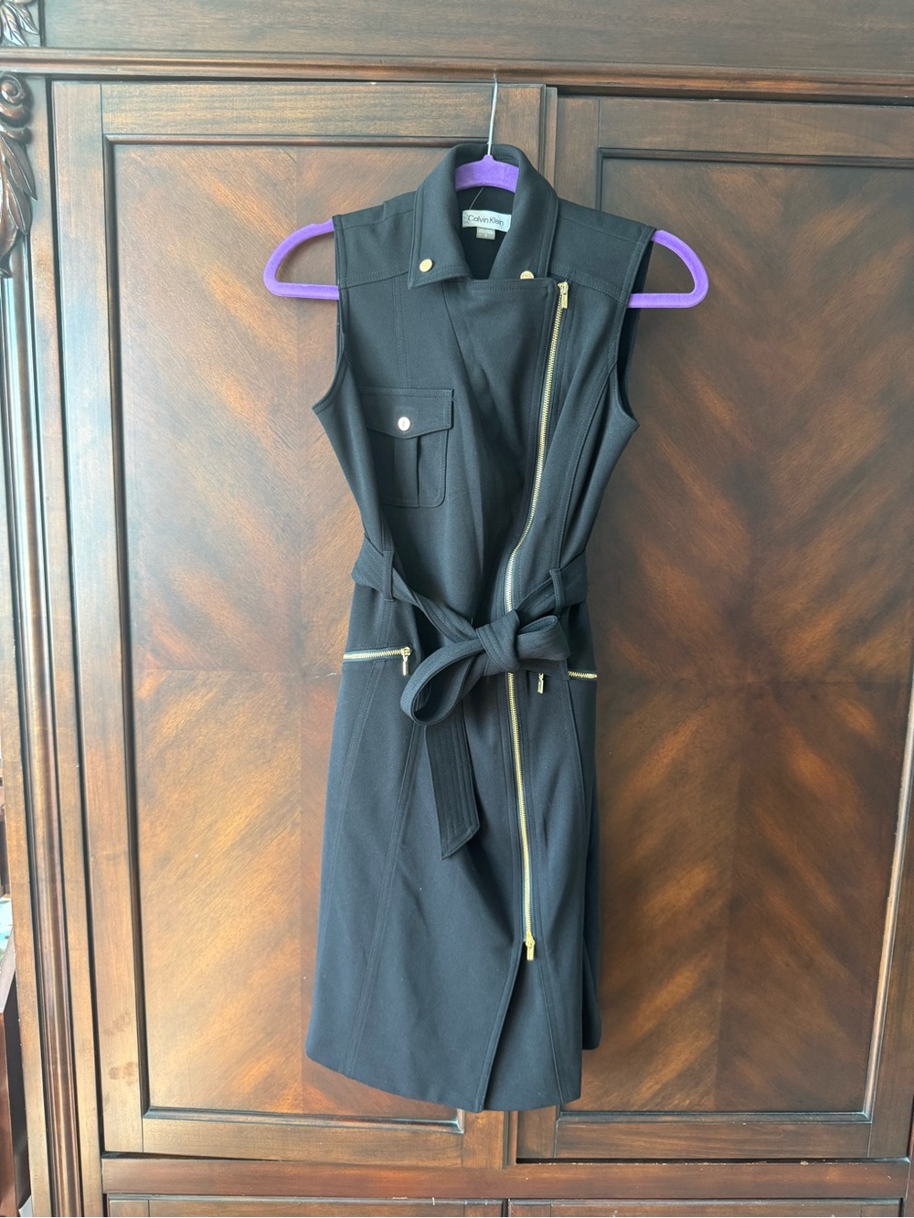 Calvin Klein Black Sleeveless Belted Zip-Front Dress with Gold Hardware